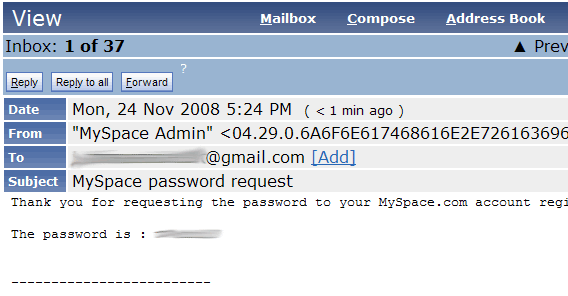 Received MySpace E-mail in our account, fowarded from Gmail
