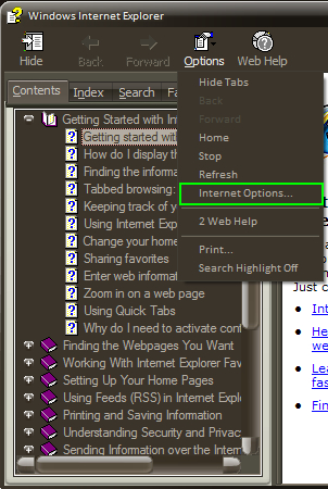 Internet Options Accessible from the Help Menu